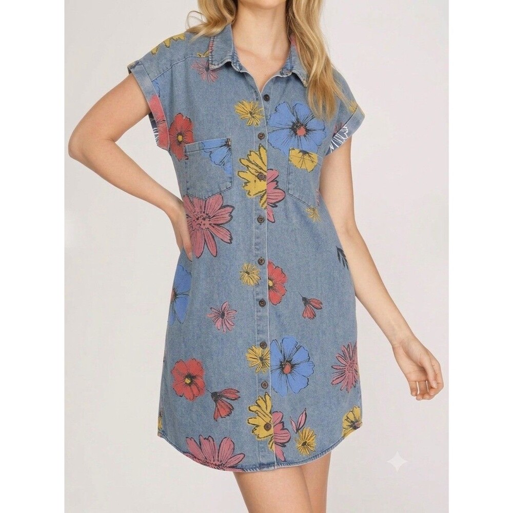 She & Sky Denim Floral Shirt Dress Artsy Flower Pockets Colorful Roll Sleeve XL